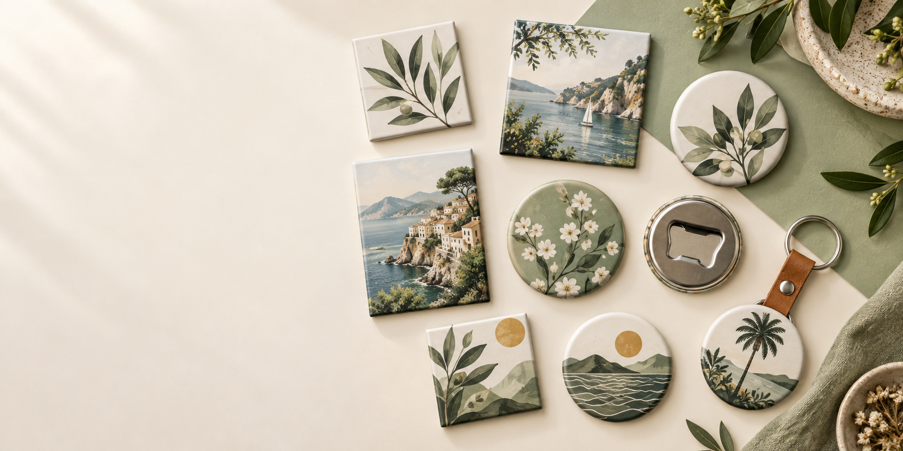 Assorted square, rectangle and round keepsakes arranged on an ivory tabletop